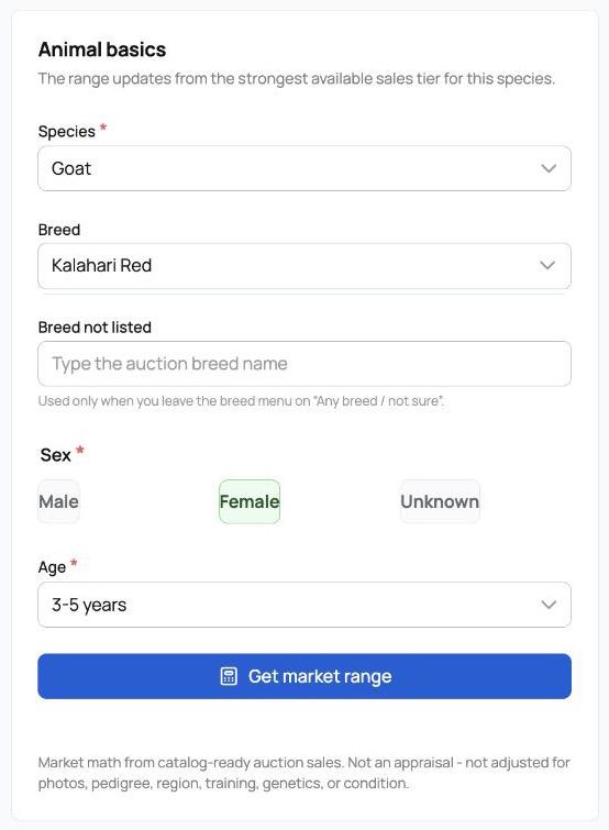 Livestock Value Calculator fields for species, breed, sex, and age