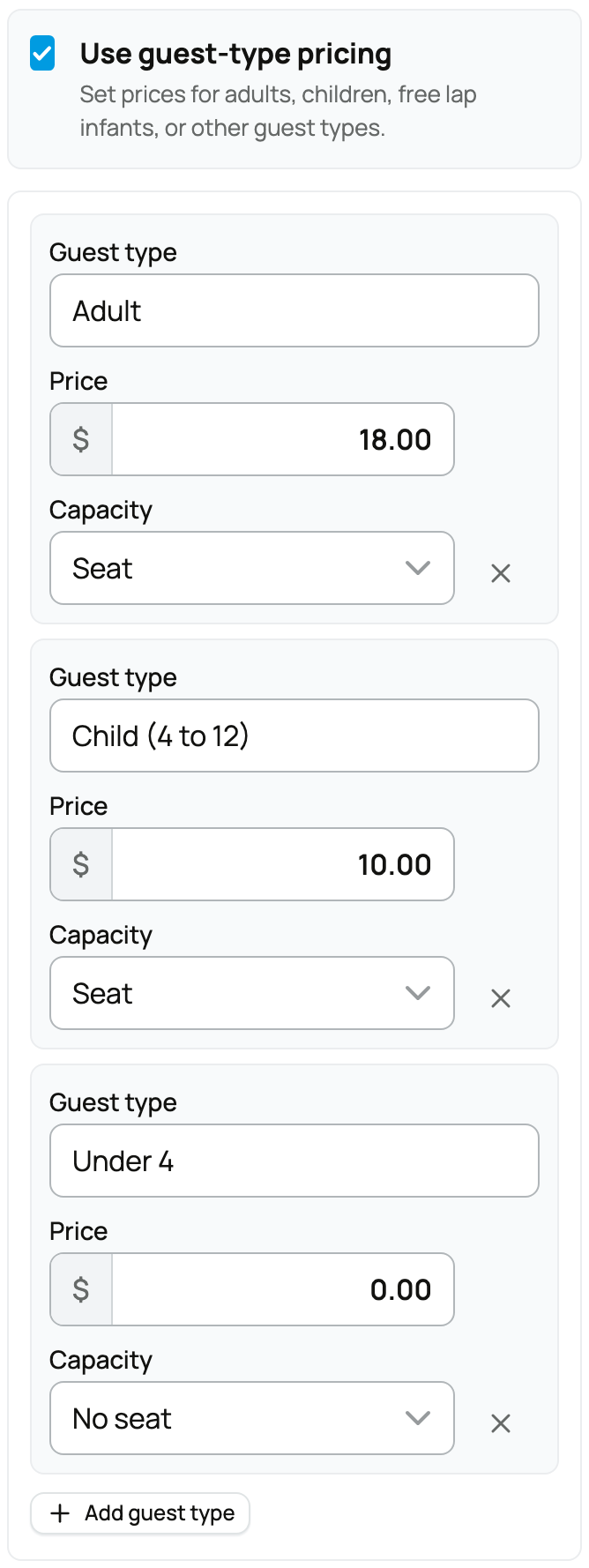 Guest types with separate prices and seat-counting choices