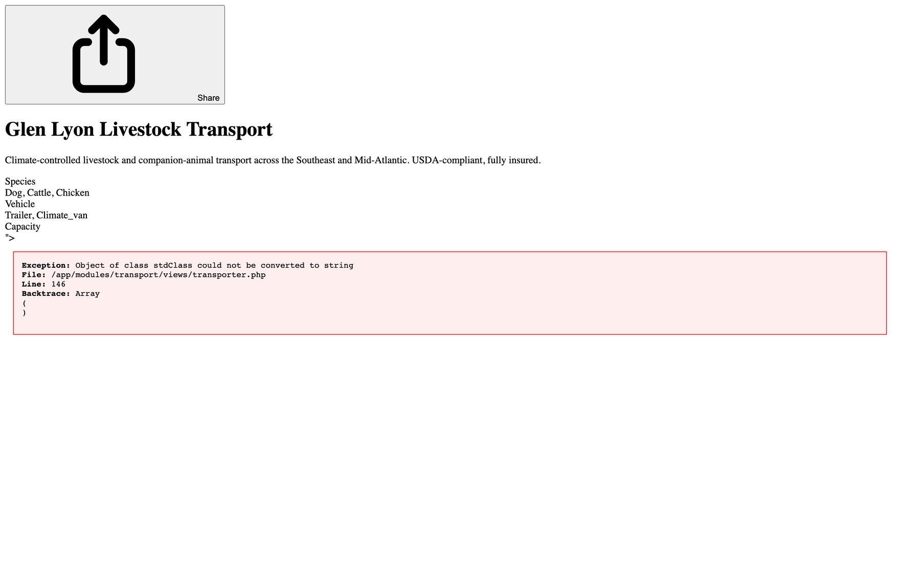 A transporter profile with Request a Quote