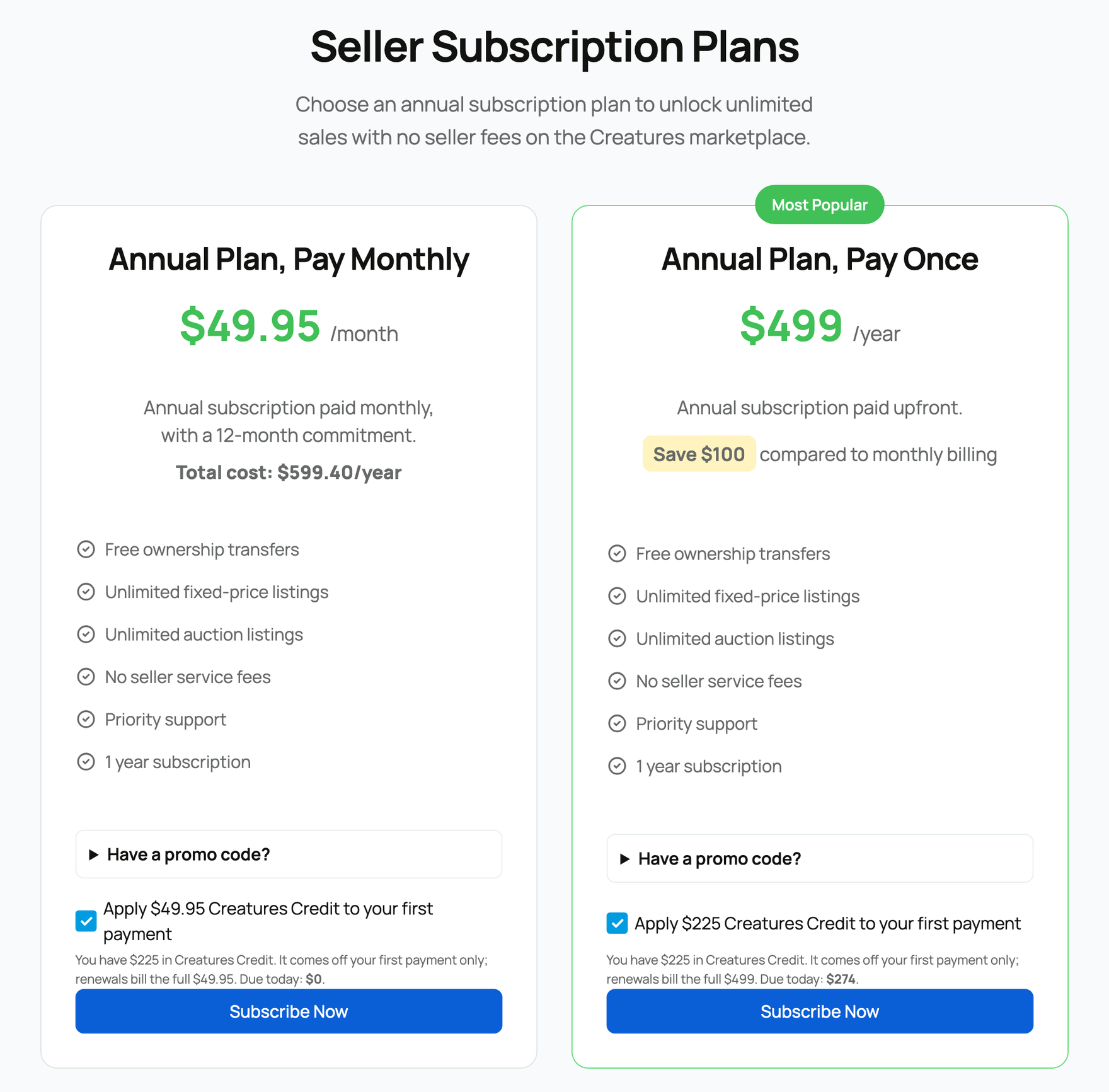 Seller Subscription Plans with monthly-billed and pay-once choices