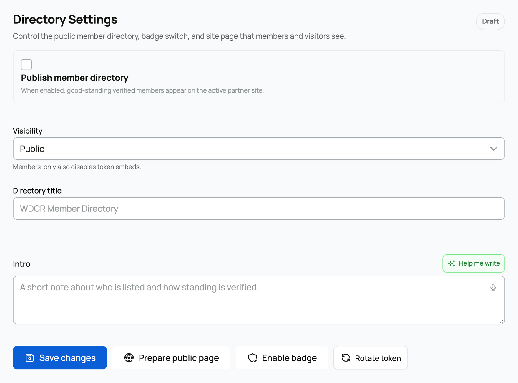 The Directory Settings card in the Association Hub