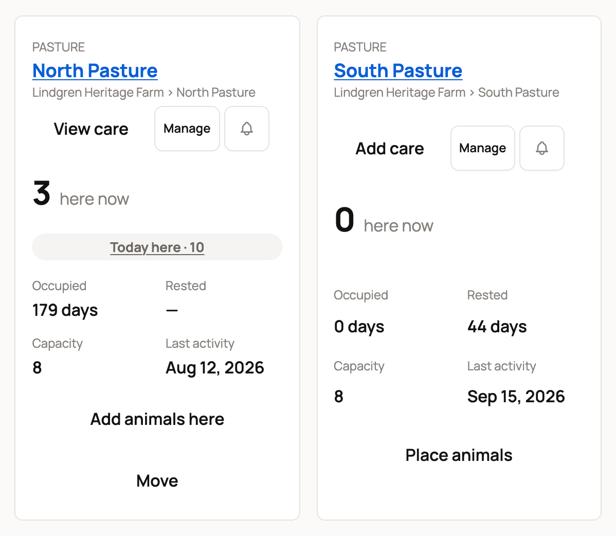 Status cards for North Pasture with three animals and South Pasture resting for 44 days