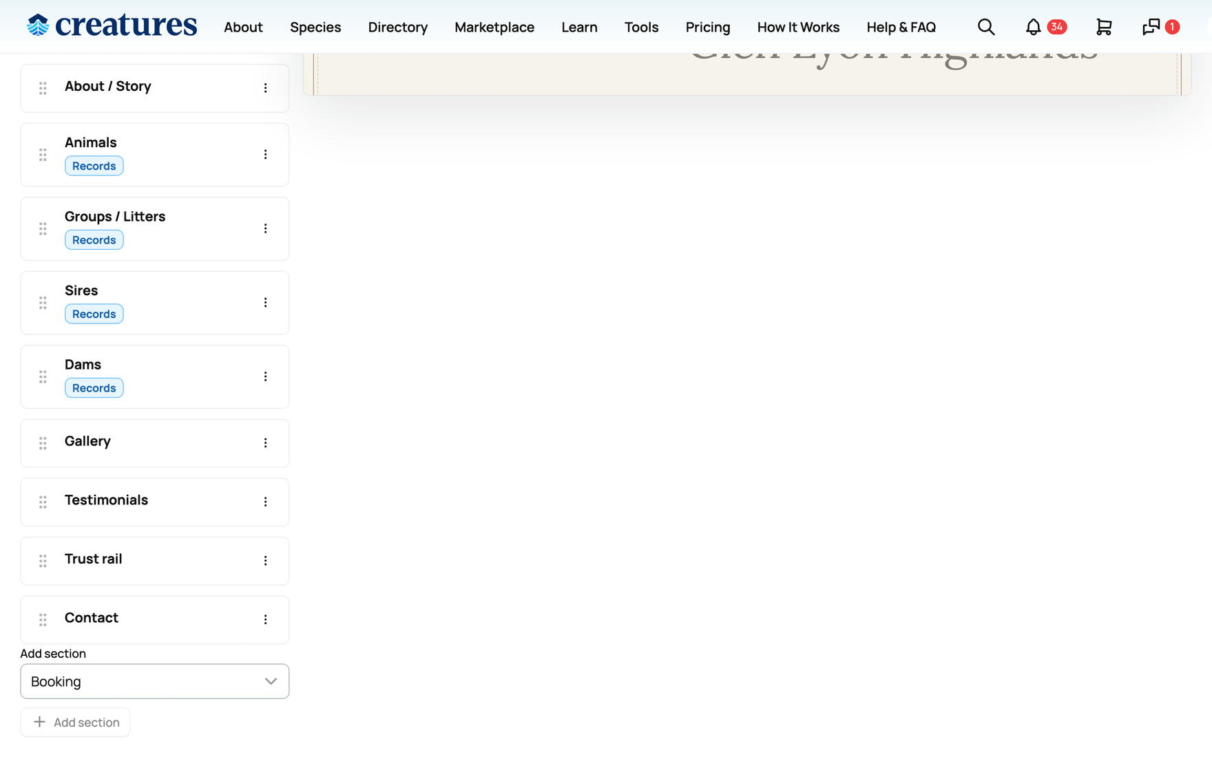 A page's section list with Move, Duplicate, and Remove, and the "Add section" picker with Booking among the section choices