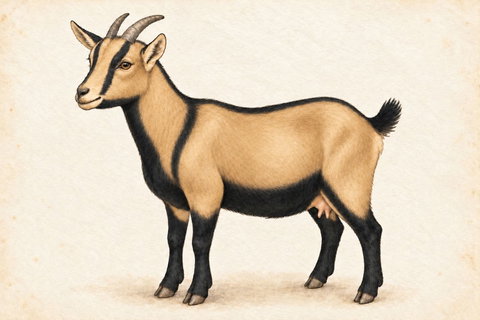 Illustration of a chamoisee Nigerian Dwarf doe: tan body and head with black face stripes, belly and lower legs.