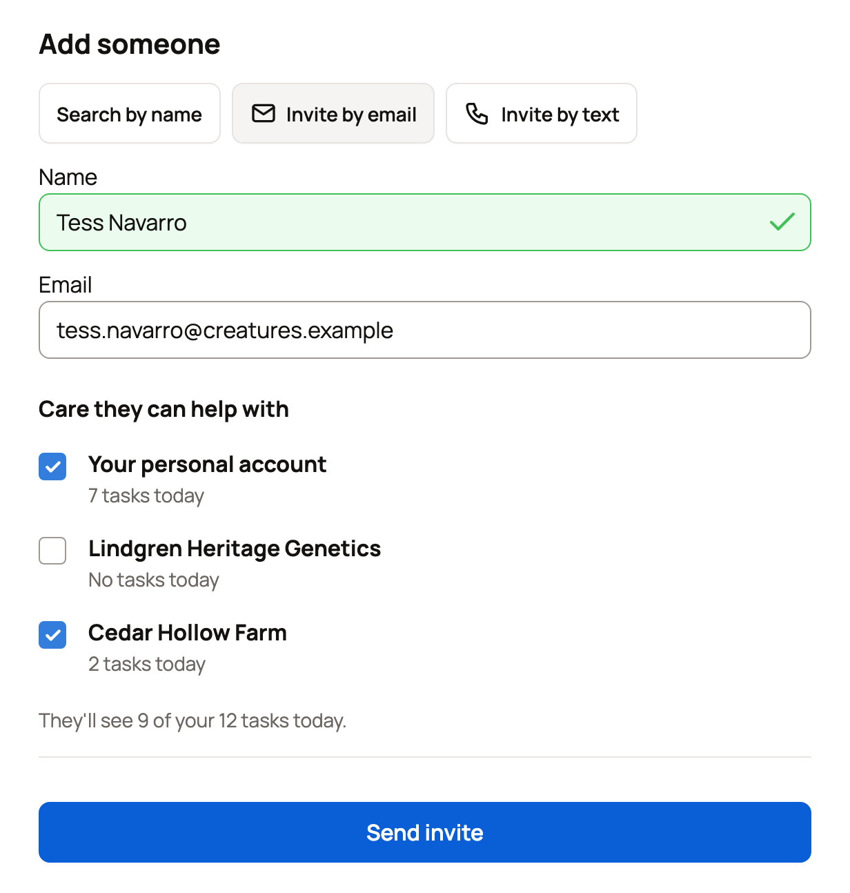 Add someone with Invite by email, the helper's name and email, Care they can help with and the task preview