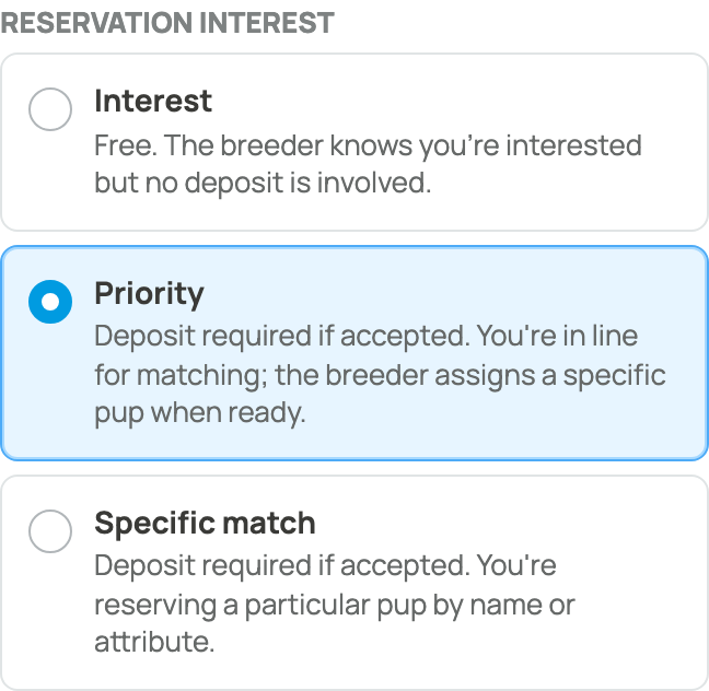 Group application showing Reservation interest choices