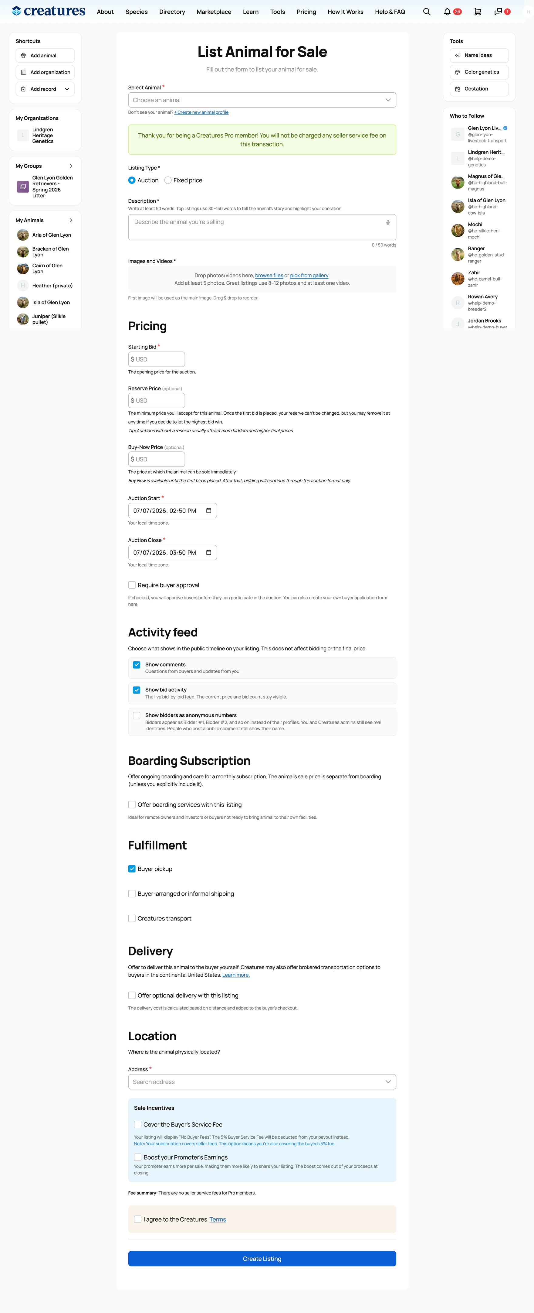The auction create-listing form