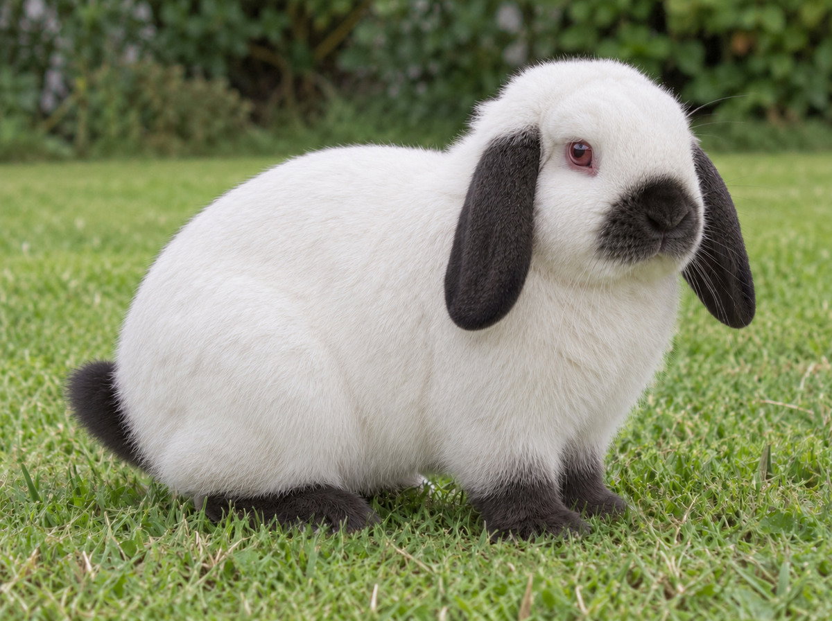 White Holland Lop with black ears, nose, feet and tail and a pink eye on a clipped lawn.