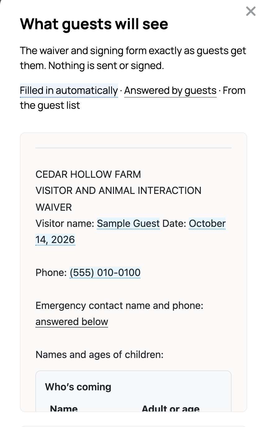 Preview as a guest showing the waiver with the guest's name, date and phone filled in and the guest list below