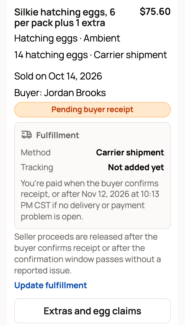 Egg sale card for Jordan Brooks with Pending buyer receipt, Update fulfillment and Extras and egg claims