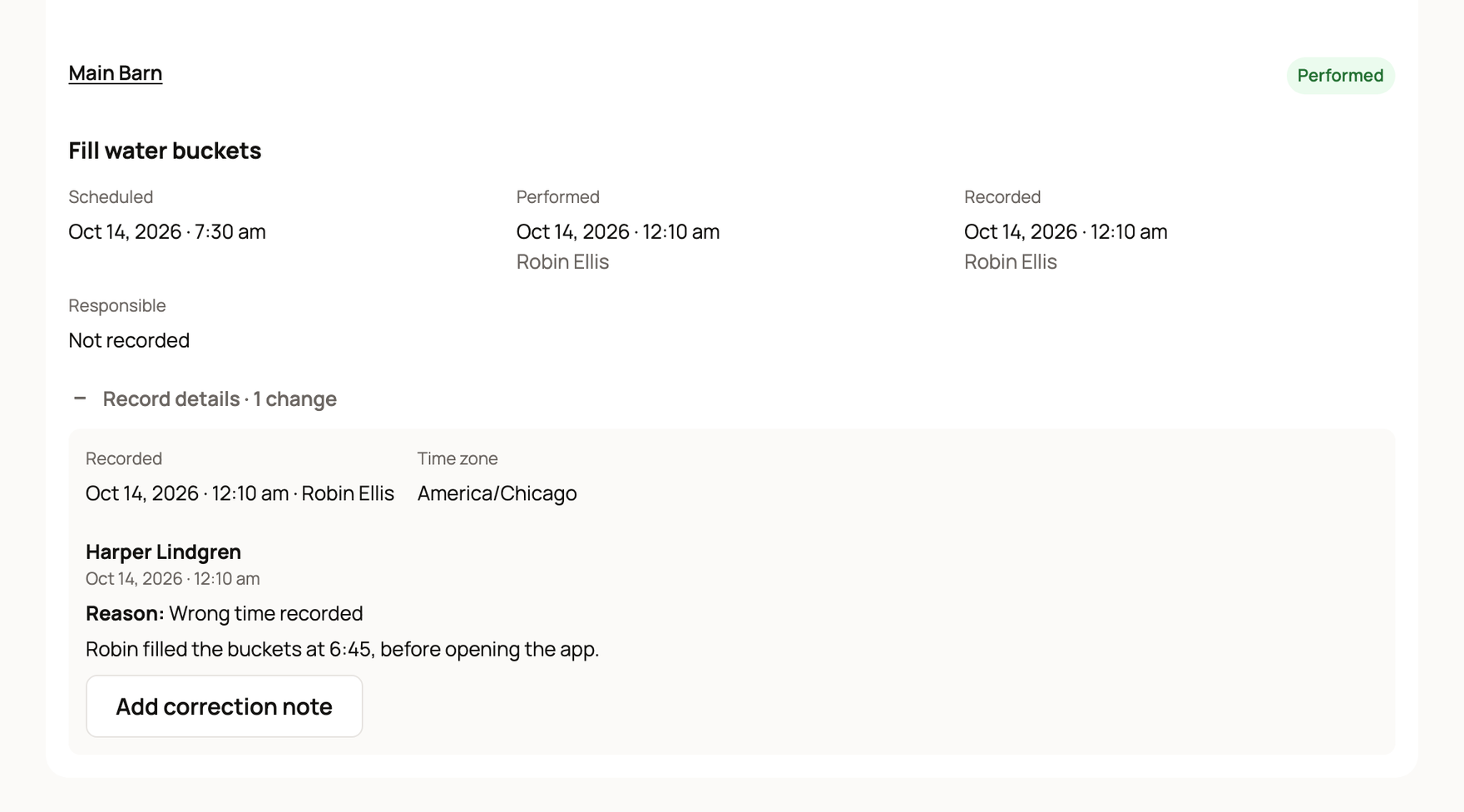 A performed care entry with Record details open and a saved correction note