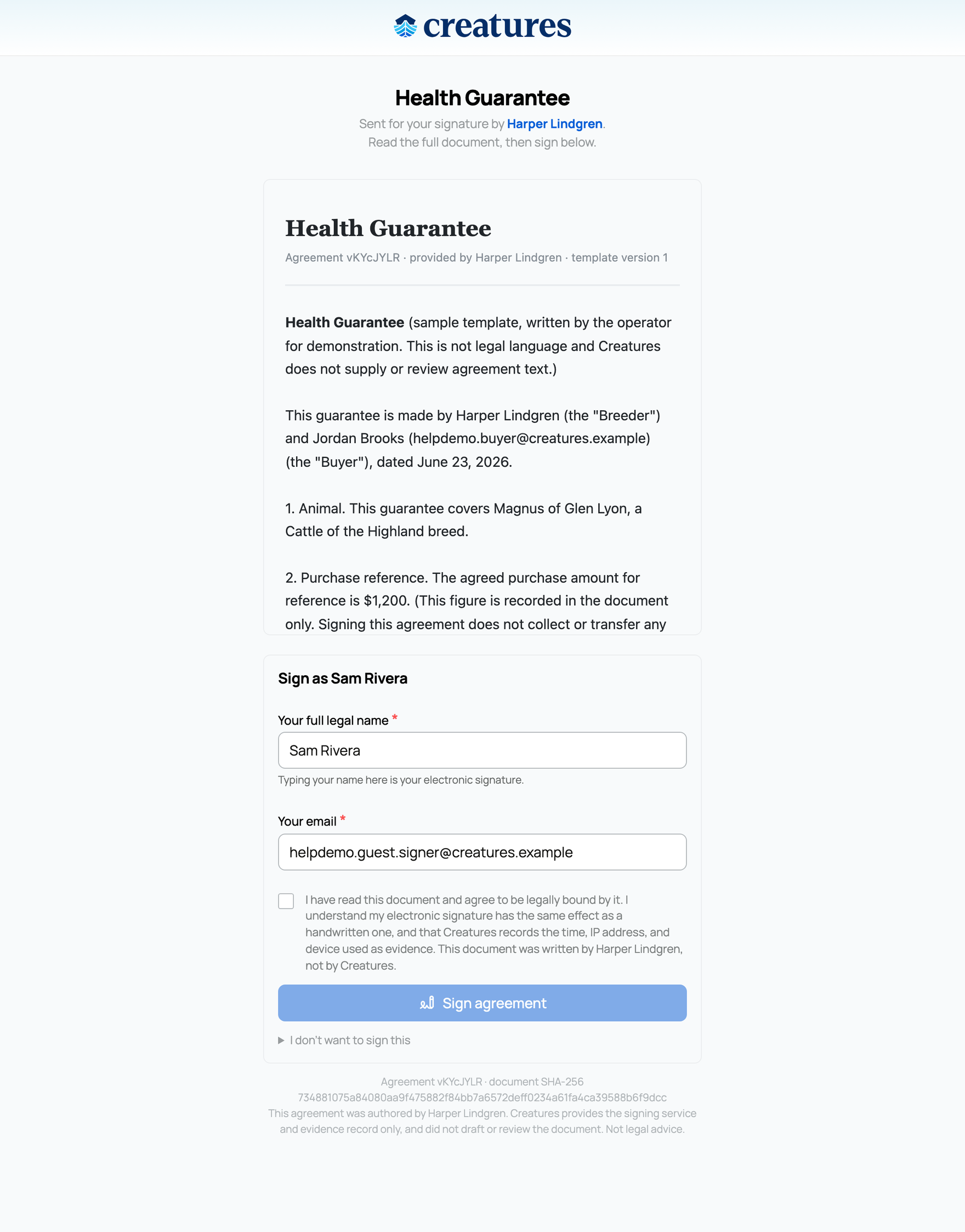 The signing portal: document viewer, name, email, and the consent box
