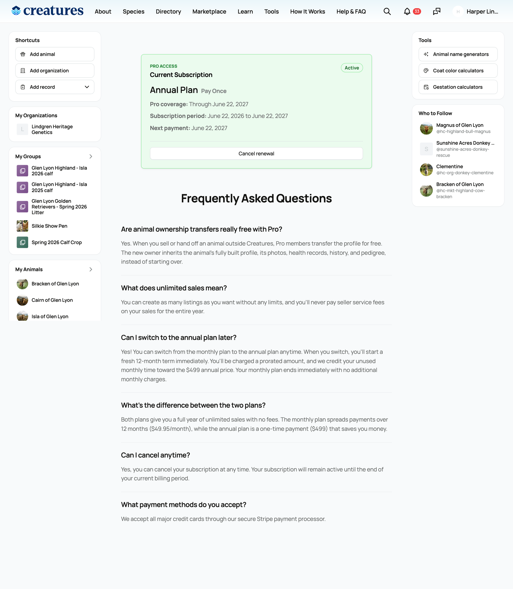 Managing your Creatures Pro subscription