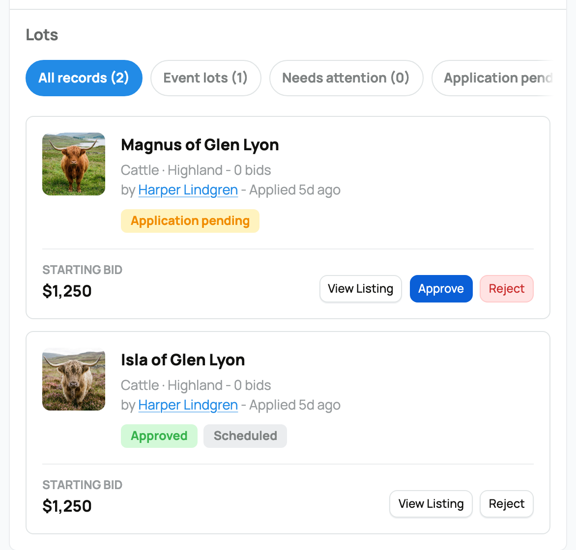 Event management view with applications, approved lots, and sale progress