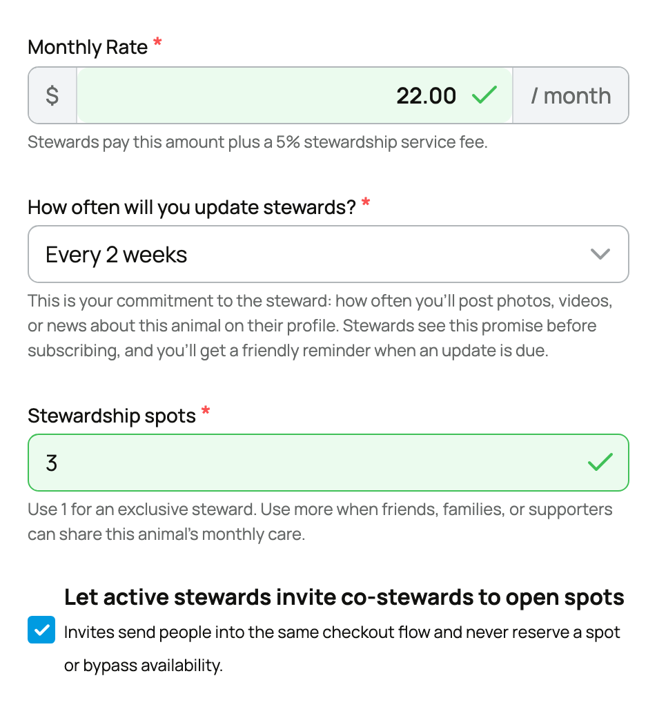 The monthly rate, update frequency, three stewardship spots, and invitation setting