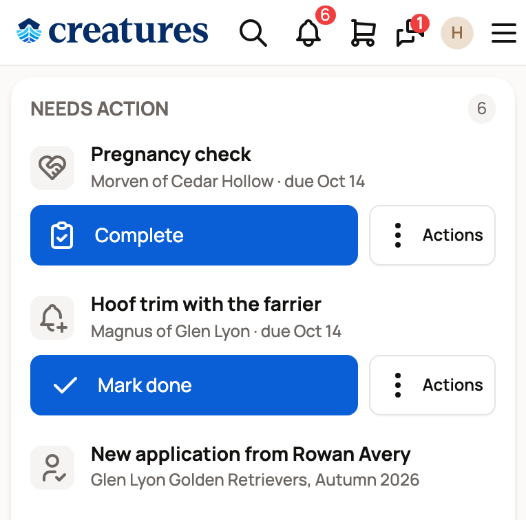 Notifications bell open on a phone, showing Needs action items with Complete, Mark done and Actions buttons