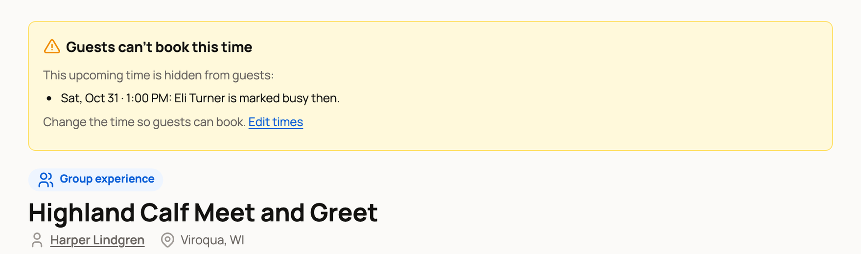 Guests can't book this time: Eli Turner is marked busy then