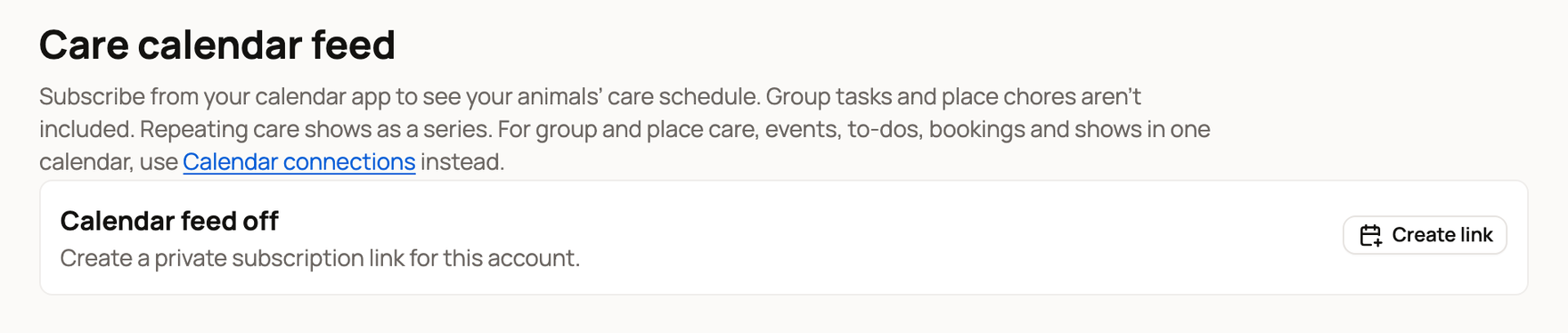Care calendar feed on the Dashboard Care tab with Create link