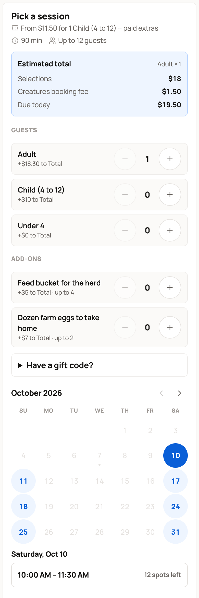 A booking panel with the estimated total, guest types, add-ons, calendar, and an open time