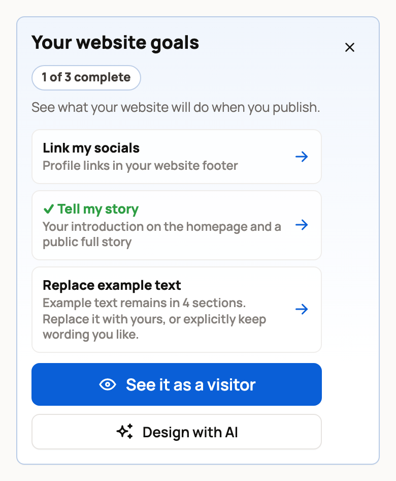 Your website goals checklist showing 1 of 3 complete, with Link my socials, Tell my story and Replace example text