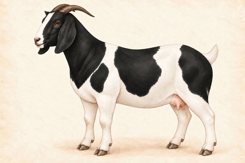 Illustration of a Boer doe: black head and large irregular black patches over a white body, long pendulous ears, Roman nose and natural horns.