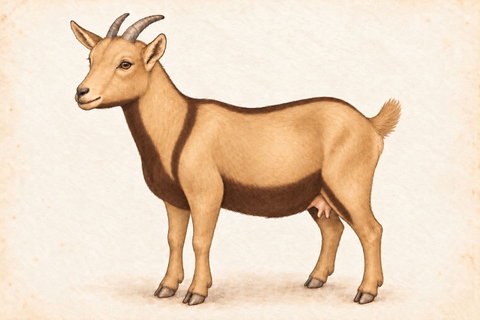 Illustration of a chocolate chamoisee swiss Nigerian Dwarf doe: tan face, torso and lower legs with brown throat, shoulder stripe, dorsal stripe and continuous belly.
