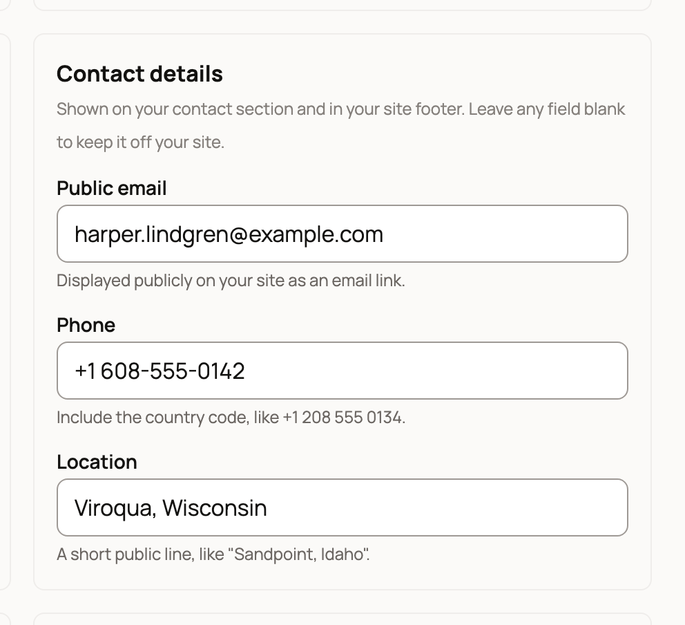 Contact details with a public email, a phone number with country code and a town