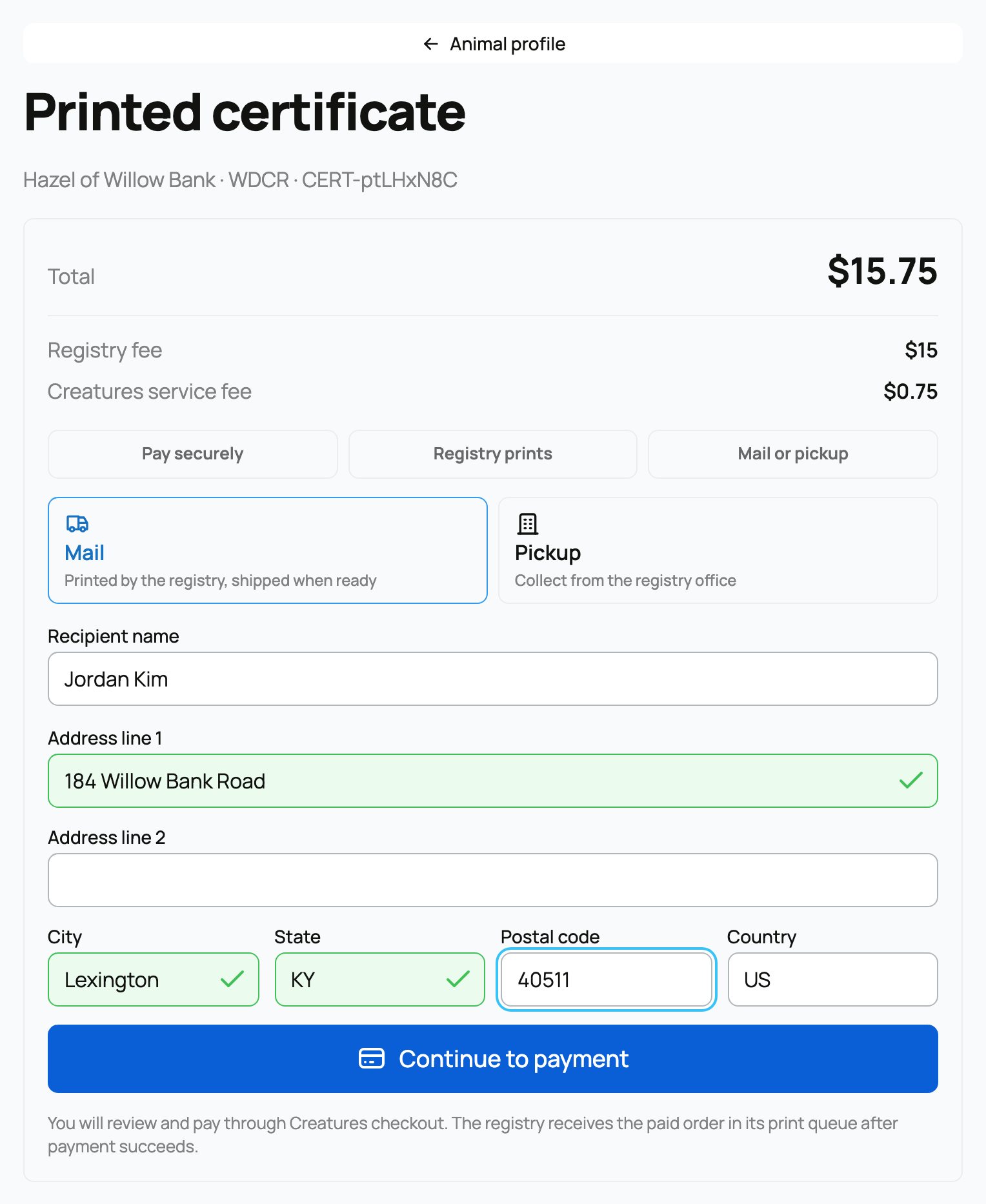 Mail, pickup, fees, recipient, and address on the printed order form