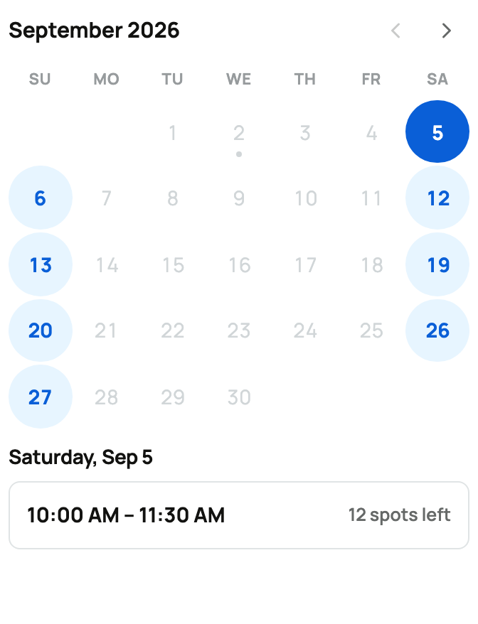 Booking calendar with available dates and session times