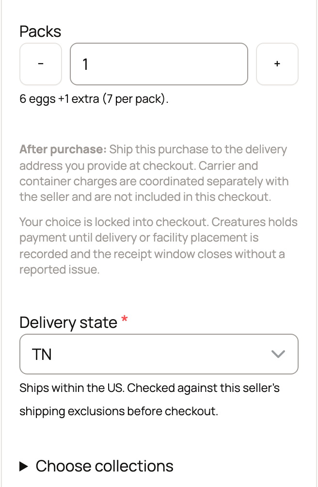 Packs set to 1 with delivery state TN and Choose collections