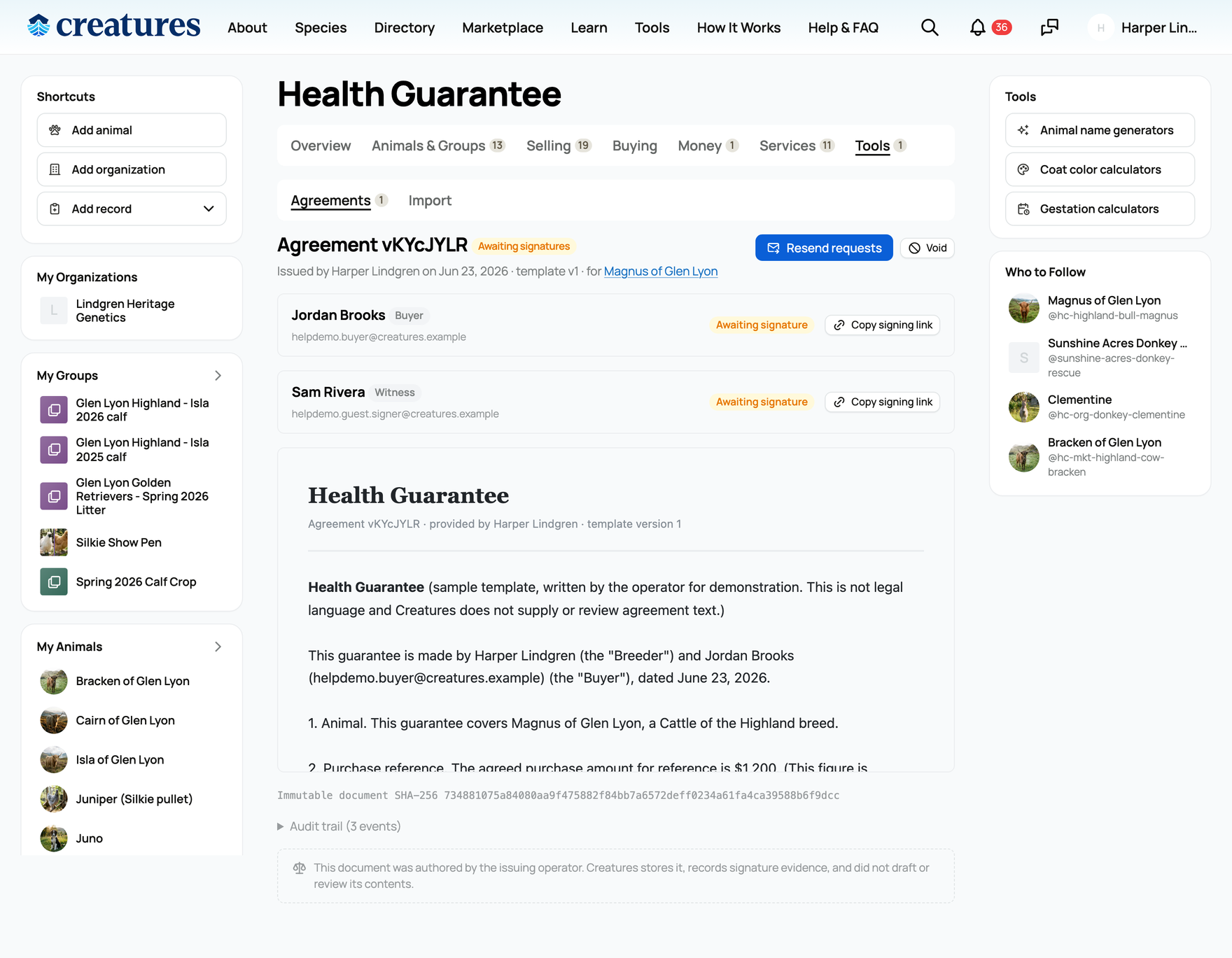 The agreement detail: status, signer rows, and the audit trail