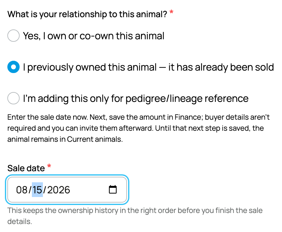 Previously sold selected with Sale date and the Finance next-step explanation