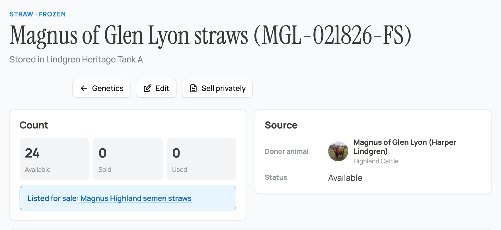 A genetic item with available, sold, and used counts