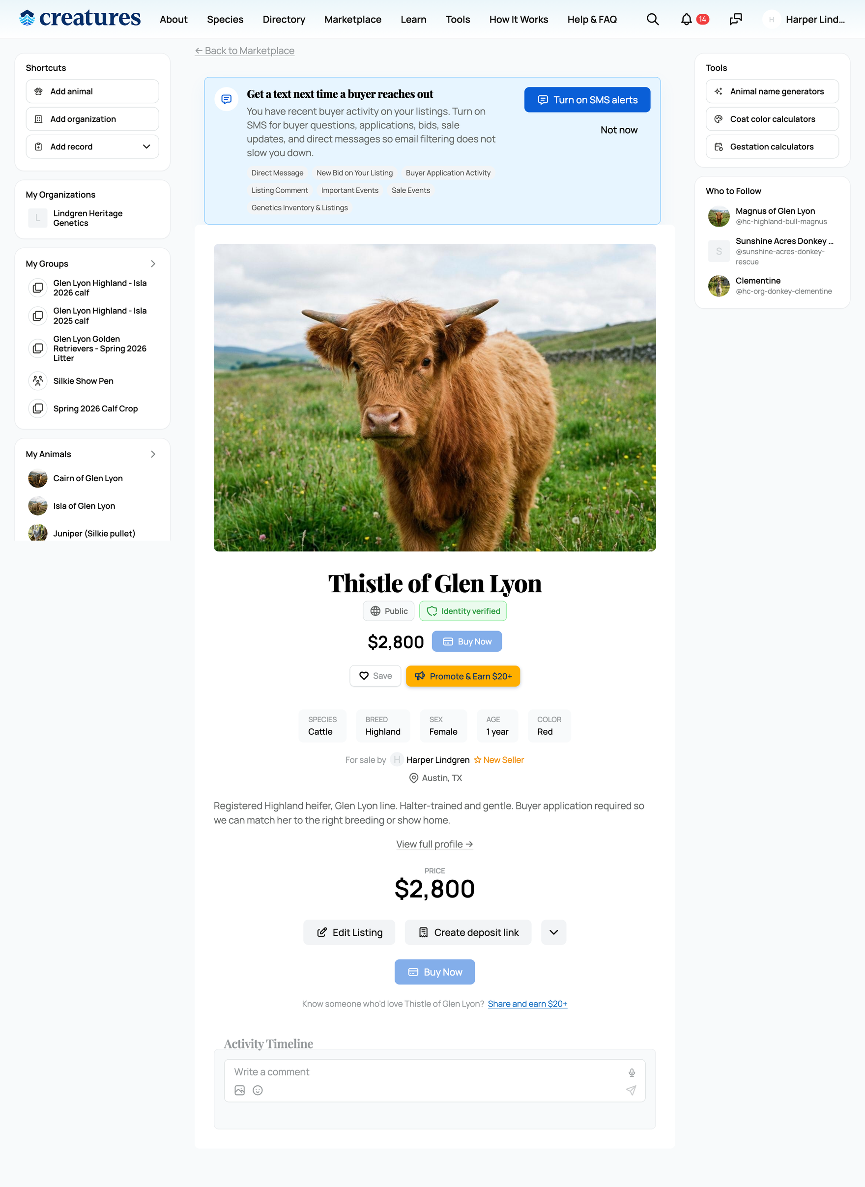 Your listing's manage view