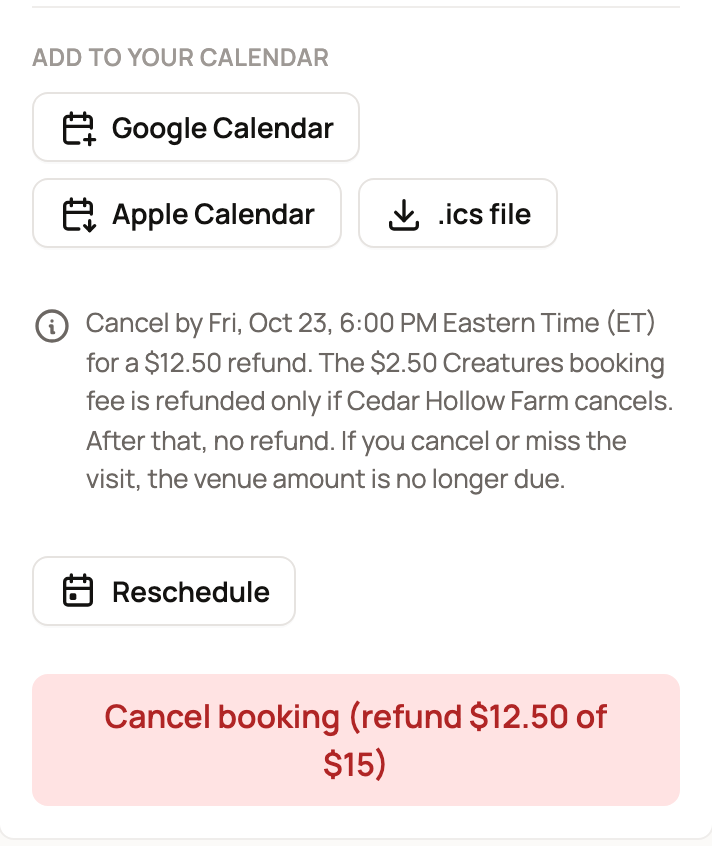 Calendar buttons, the cancellation policy, Reschedule, and Cancel booking with a $12.50 refund