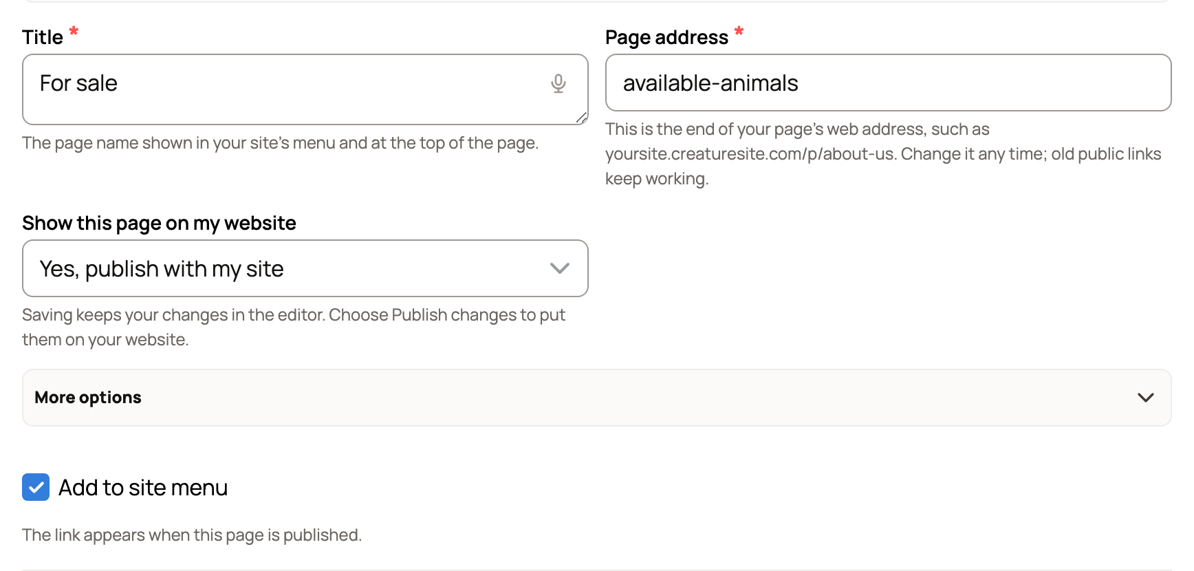 New page fields with Title, Page address, Show this page on my website and Add to site menu