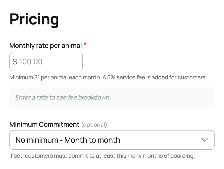 Pricing fields showing the monthly rate per animal and minimum commitment
