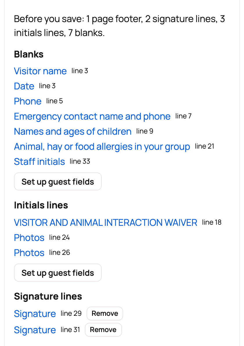 Check for fillable parts listing blanks, initials lines and signature lines with Remove buttons
