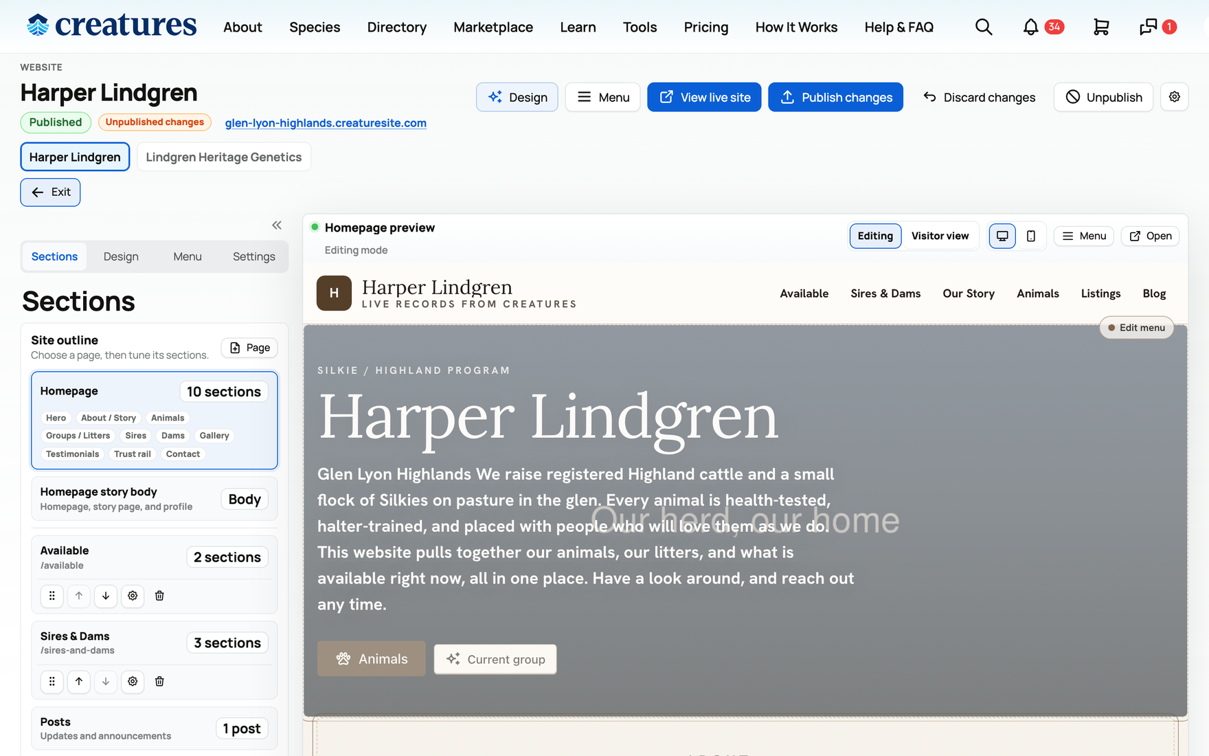 The website builder: the editing rail beside a live preview of your homepage