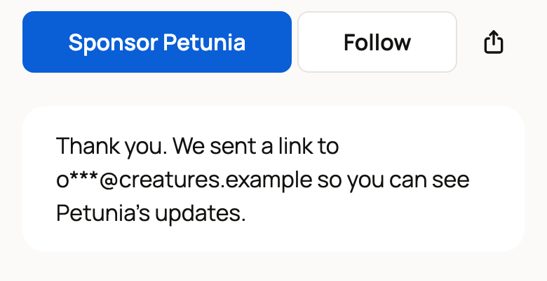 Thank-you message under the Sponsor Petunia button, saying a link was sent to a partly hidden email so you can see Petunia's updates