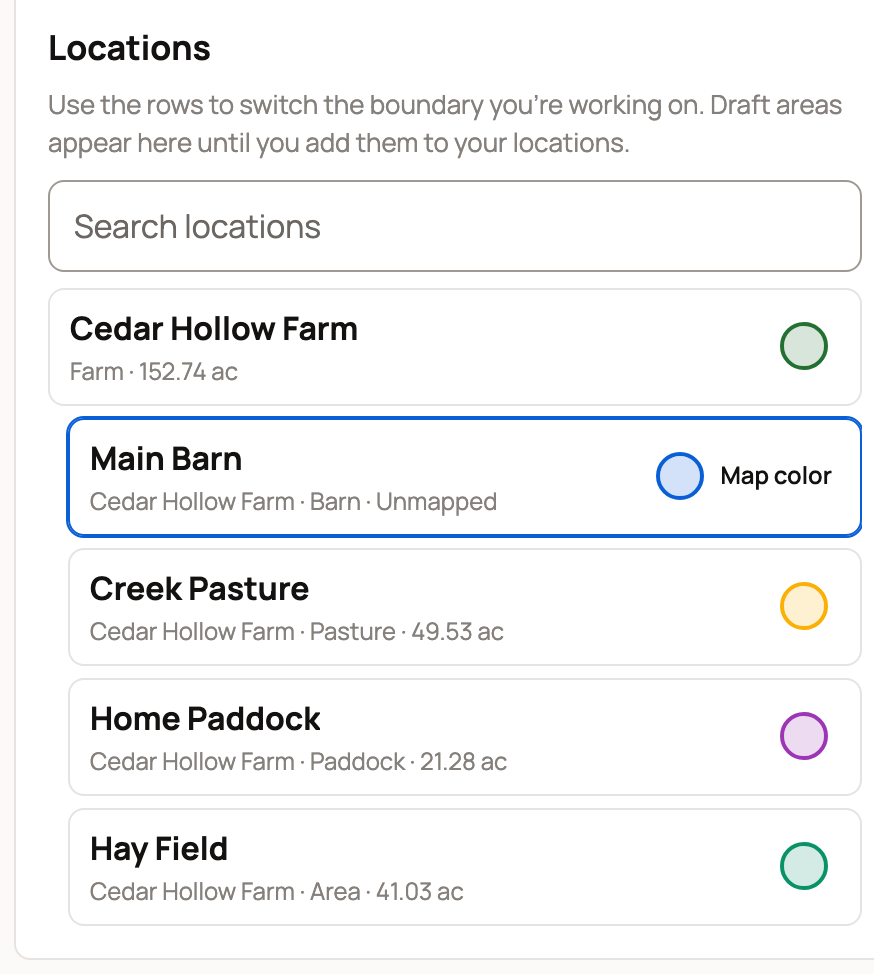 Map location list with acreage for mapped places and Main Barn selected and unmapped