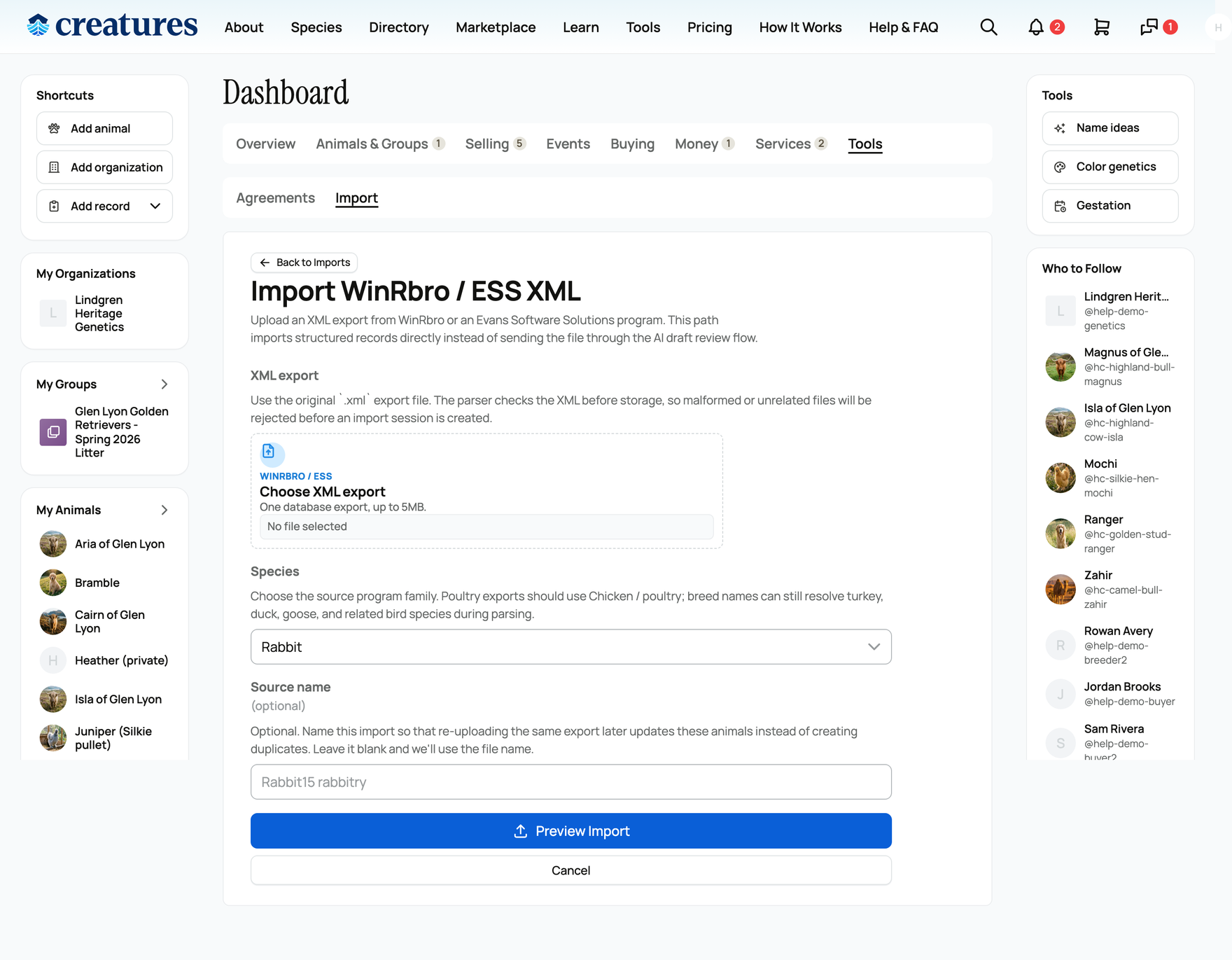 The winrbro upload form: the XML file, the species dropdown, and the source name