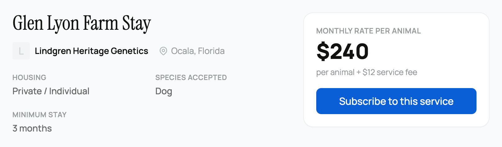 Boarding service summary with housing, accepted species, minimum stay, and per-animal price