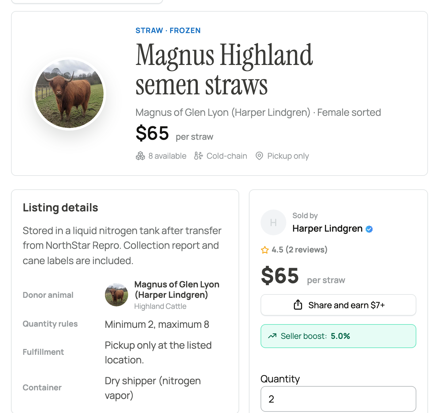 A genetics listing with donor details, per-straw price, and pickup requirements