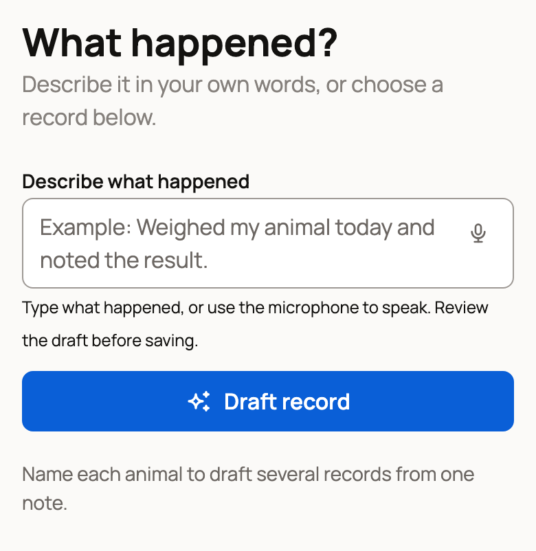 Record picker with Describe what happened and the hint to name each animal for several records