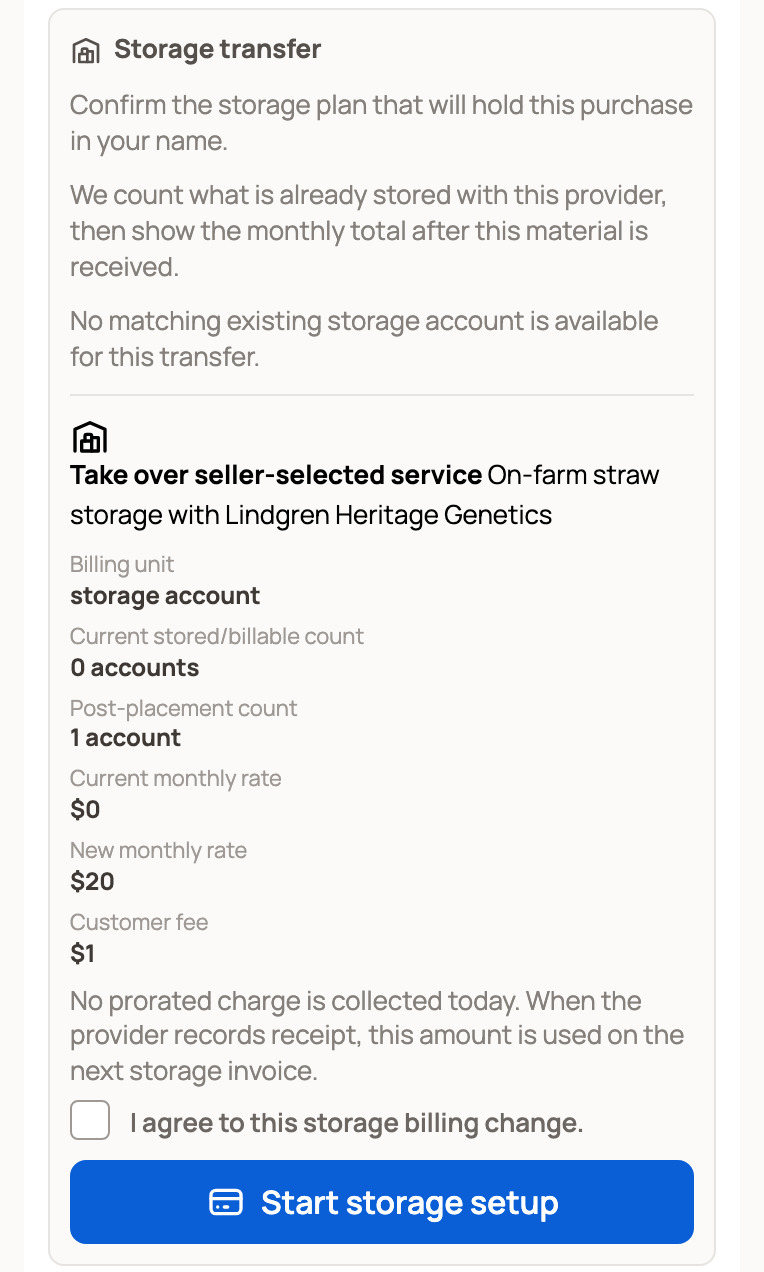 Storage transfer panel with current and new monthly rates, customer fee and Start storage setup