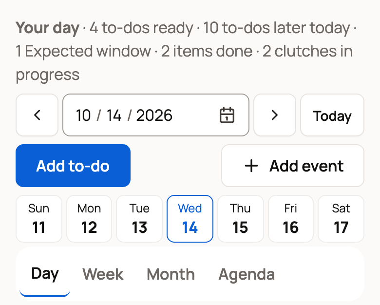Planner controls on a phone with Add to-do, Add event and the Day, Week, Month and Agenda tabs