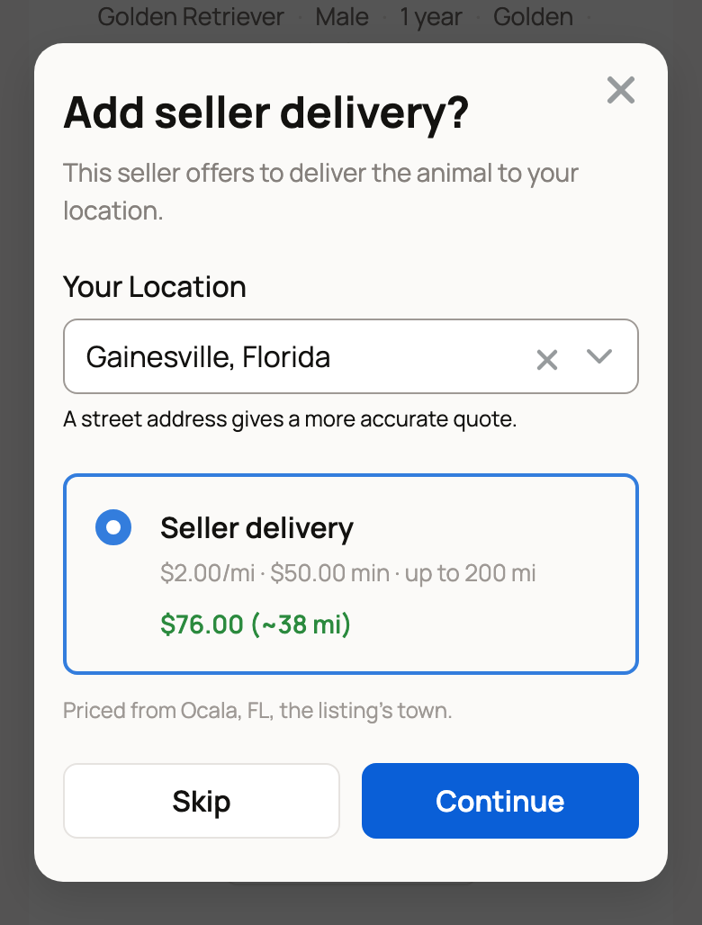 Add seller delivery dialog pricing delivery to Gainesville, Florida at $76