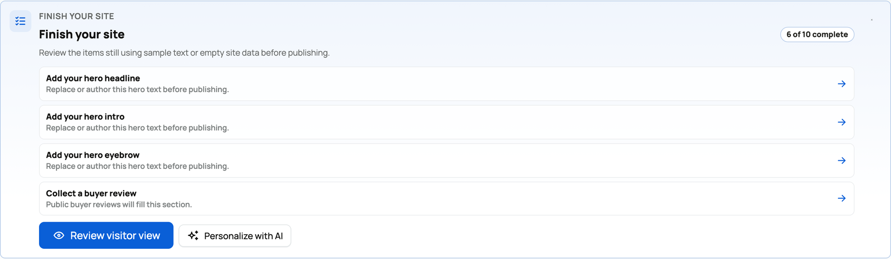The "Finish your site" checklist: a progress count and the sections still using sample text or empty data, each a jump-to link