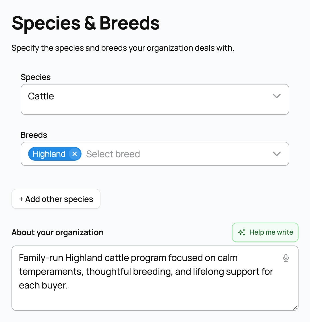 Cattle and Highland selected with a useful organization description